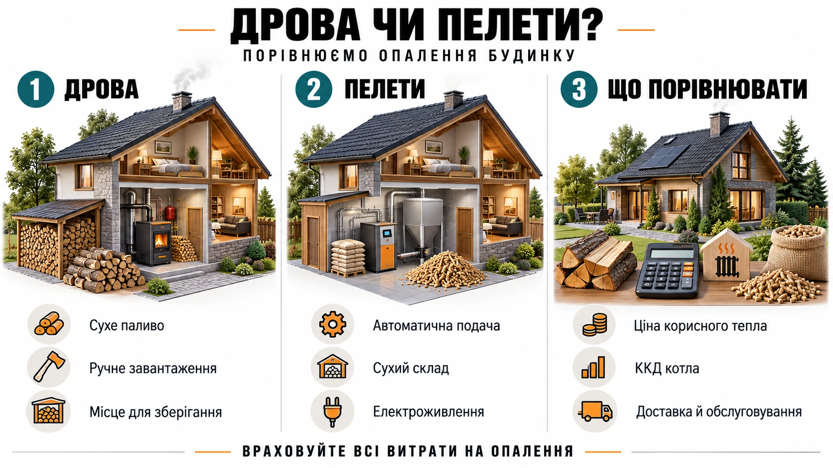 Дрова чи пелети: зберігання, подача палива та критерії порівняння витрат на опалення
