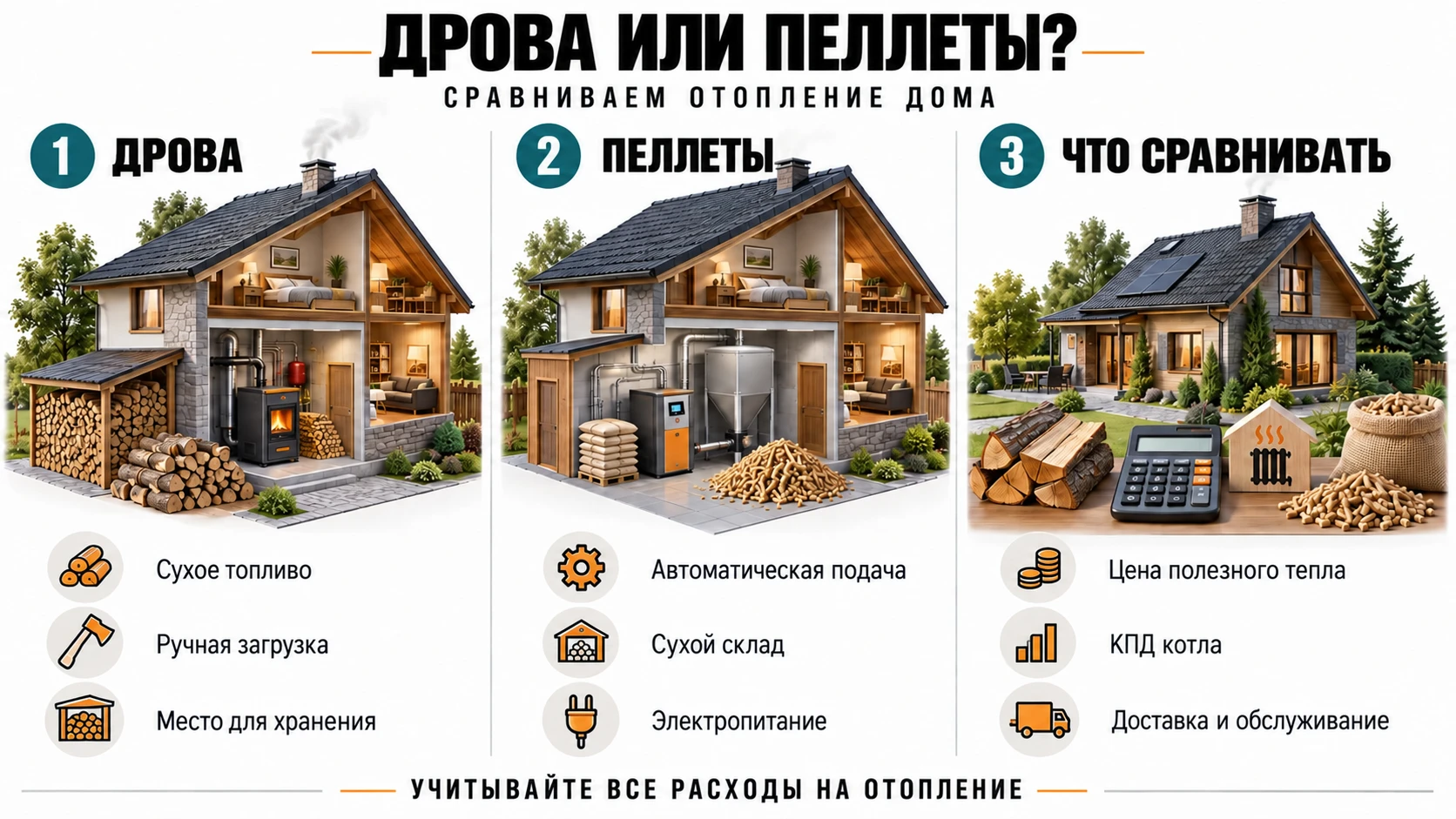 Дрова или пеллеты: хранение, подача топлива и критерии сравнения расходов на отопление