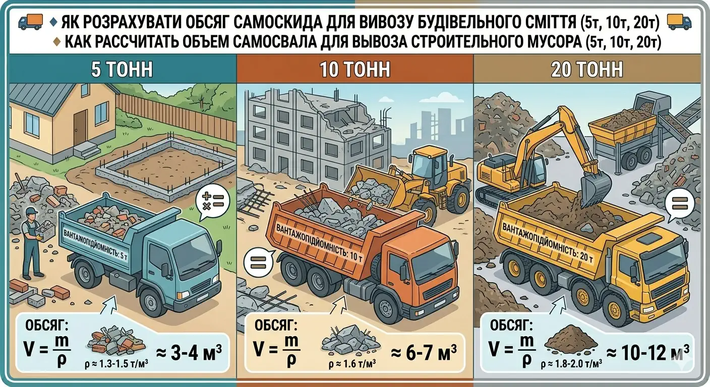 Как рассчитать объём самосвала для вывоза мусора (5т, 10т, 20т)