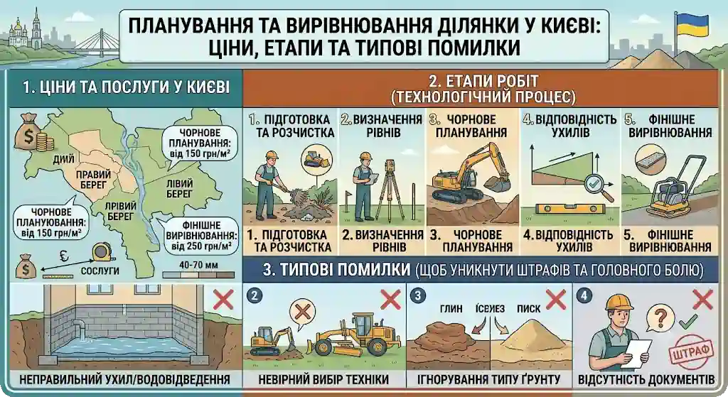 Планування та вирівнювання ділянки у Києві: ціни, етапи та помилки · MARKTRANS