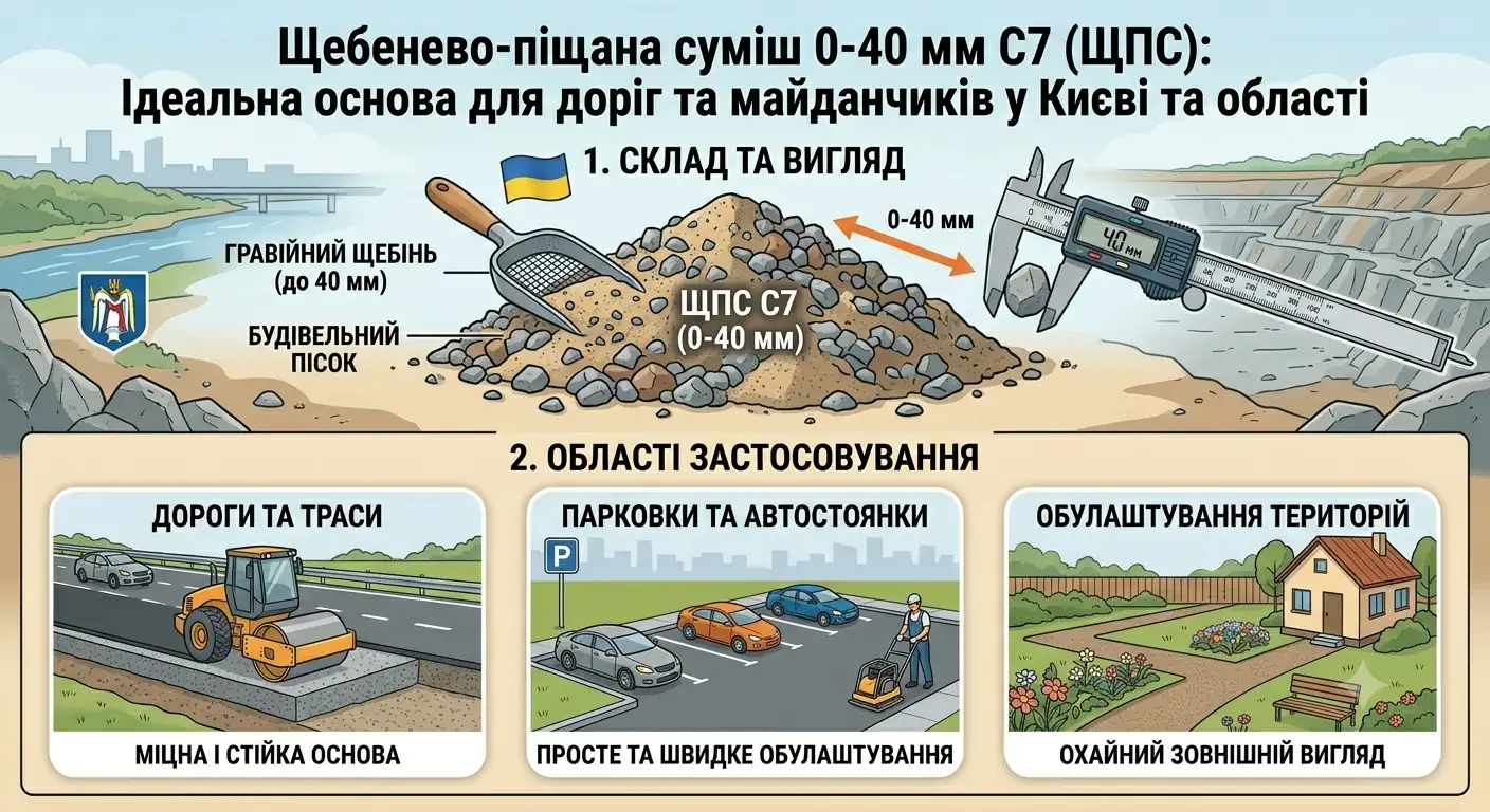 Щебенево-піщана суміш 0-40 мм С7 (ЩПС): Ідеальна основа для доріг та майданчиків у Києві та області