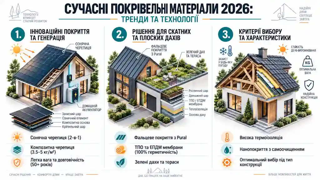Сучасні покрівельні матеріали 2026: тренди, характеристики та вибір